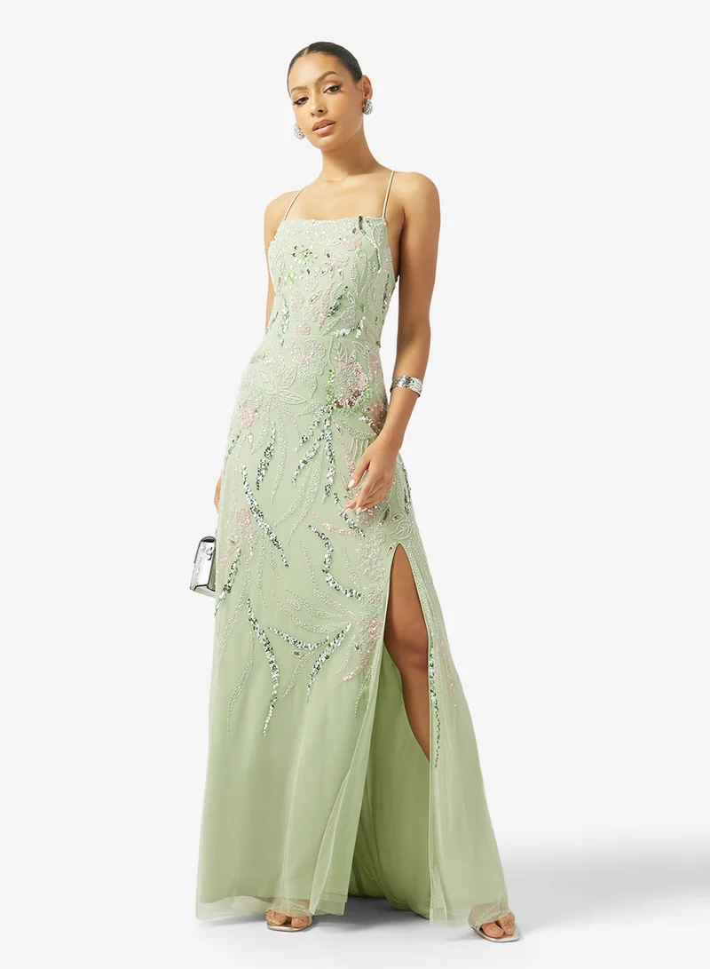 Namshi x  Floral Bead Embellished Evening Gown with Slit for Women | Best Price UAE